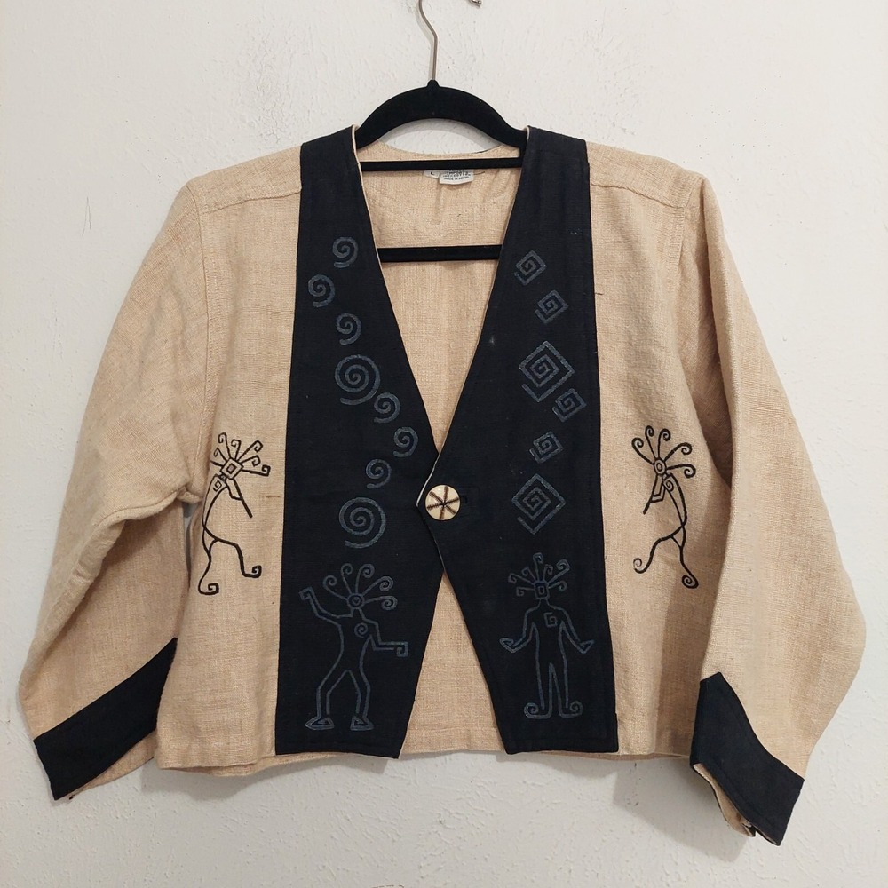 Cotton Jacket Ecru Primitive Pockets Tribal Kokopelli Aztec Art to Wear Size L